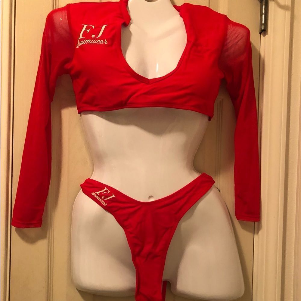 FJ swimsuit Mesh long sleeve plunging  Neck Brazilian bikini set - re…